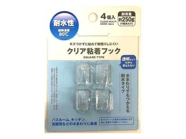 キャンドゥのクリア粘着フック スクエア 4P（110円）の商品画像