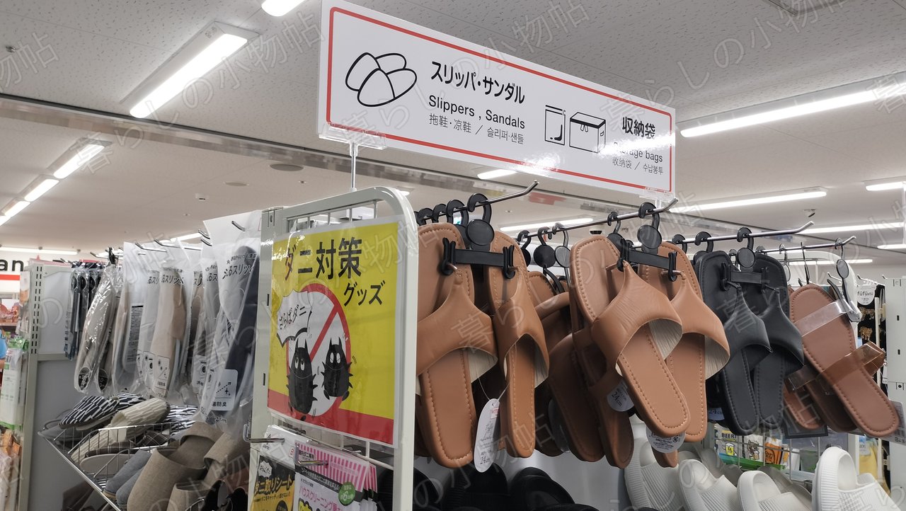 キャンドゥのスリッパ・サンダル売り場。サイズ表示付きのサンダルが並ぶ様子を撮影