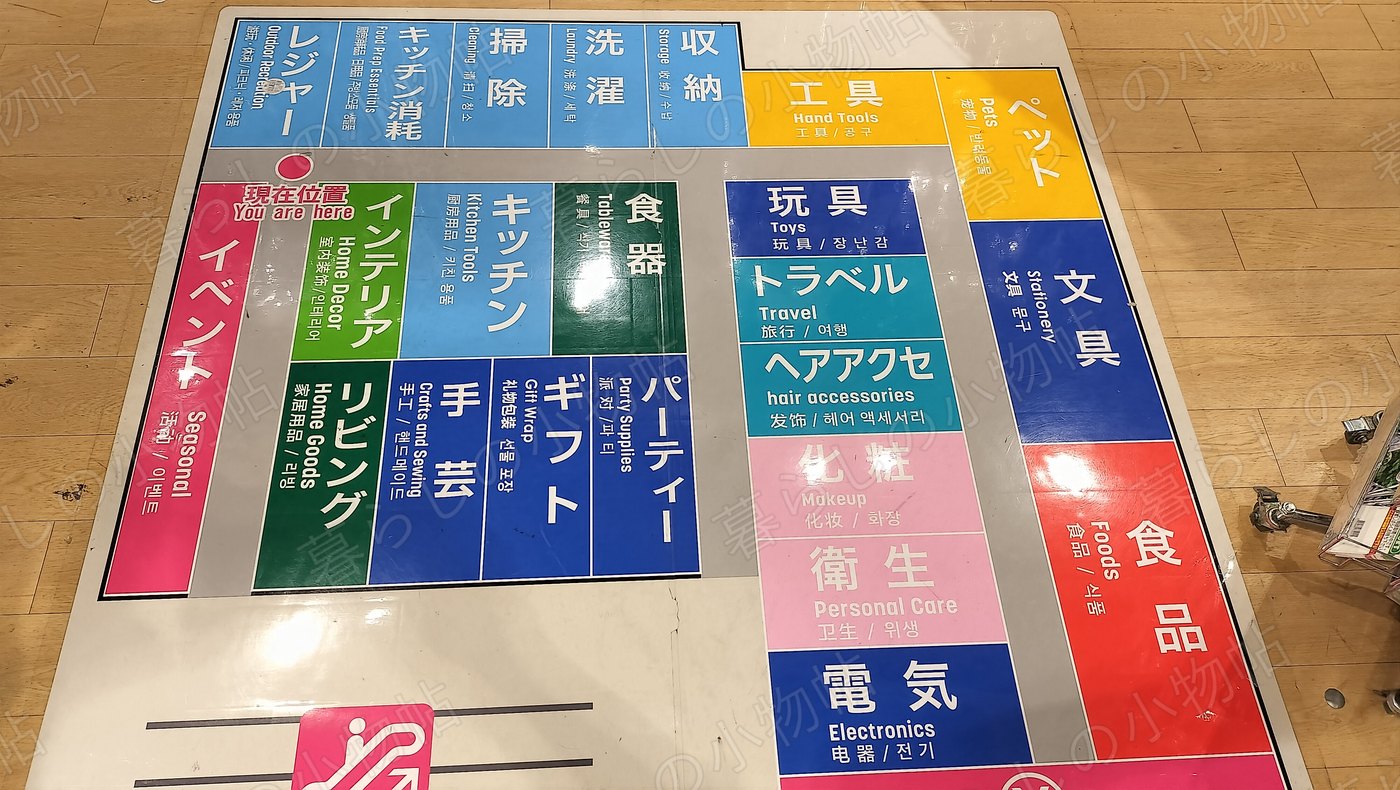 売り場の現在地がわかるダイソーのフロアマップ。カテゴリが多言語で色分けされている